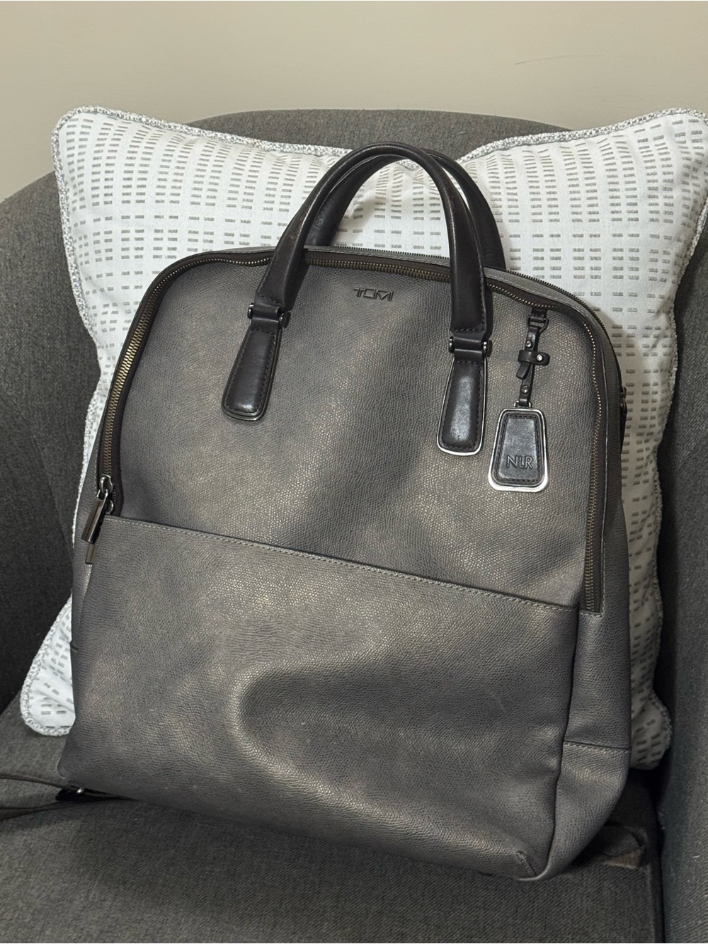 Tumi Olivia Gray Leather Laptop Brief Tote with Dual Top Handles